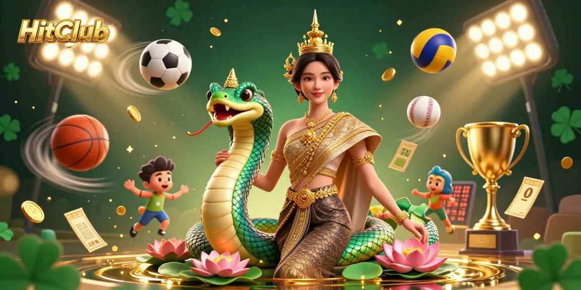 HitClub showcases a vibrant 3D digital illustration depicting an Asian woman in traditional attire with a Naga serpent, symbolizing engaging online gambling.