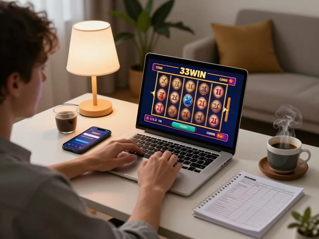Player enjoying a thrilling moment at 33WIN online casino on a laptop with engaging games visible.