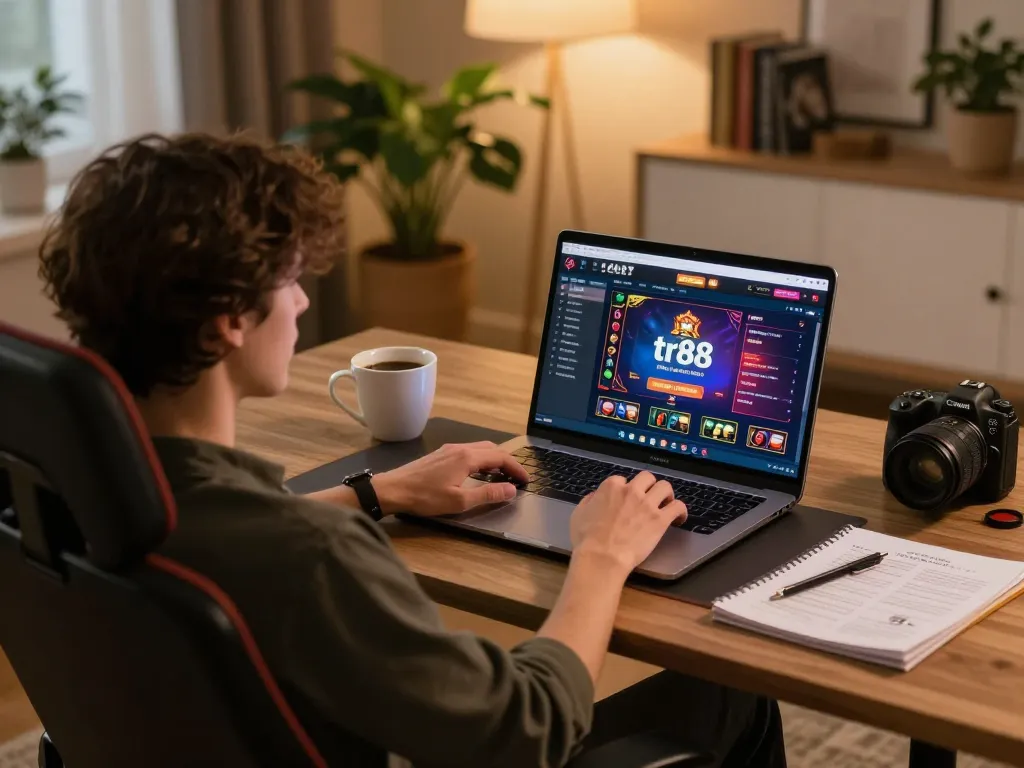 Player engaging with the tr88 casino interface on a laptop in a comfortable home setup, enjoying online gambling.