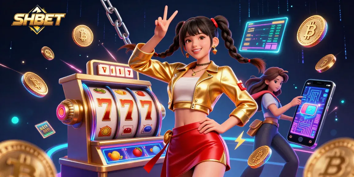 Engage with SHBET as stunning Asian characters celebrate casino victories amidst vibrant slot machines and crypto elements.