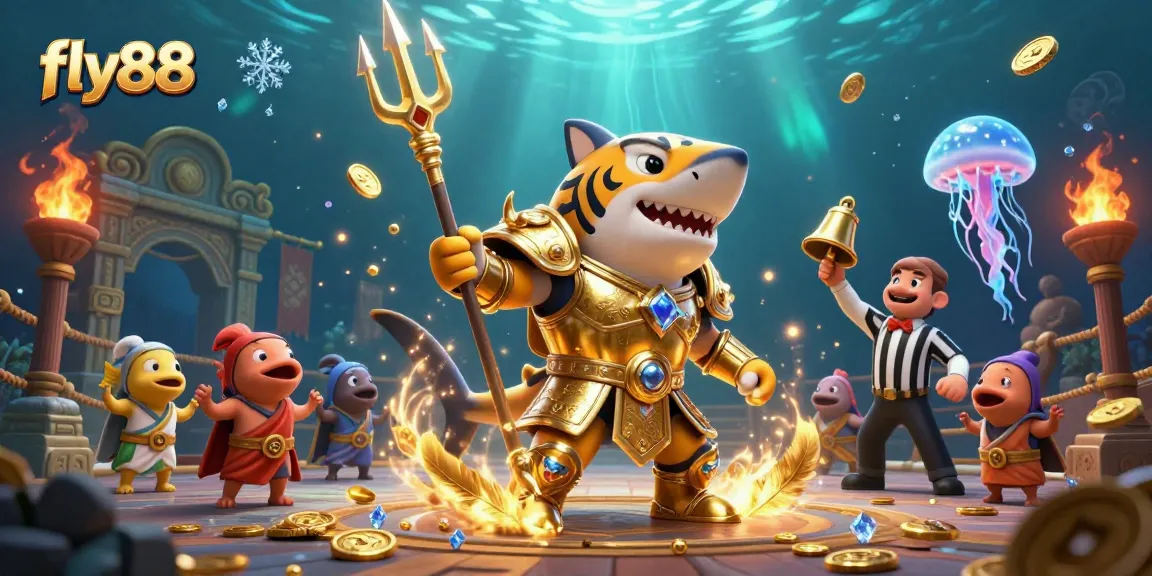 Engage in thrilling casino adventures with fly88 featuring a shark in gladiator armor amid underwater excitement.