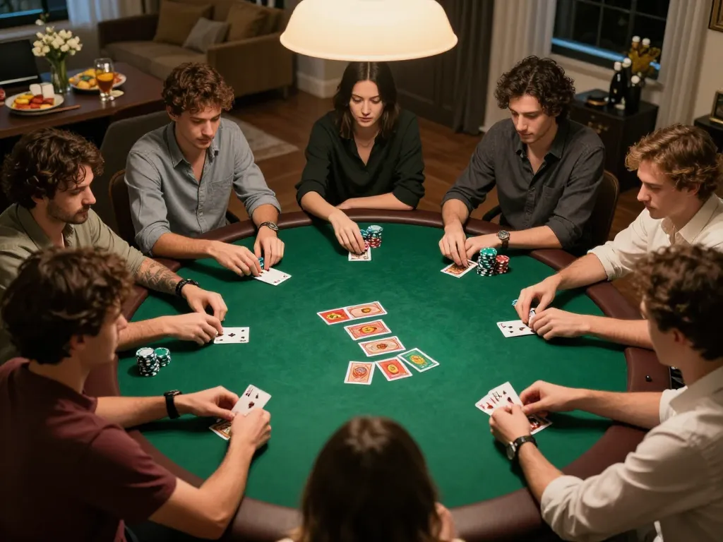 Lucks8 poker night with players evaluating hands and strategizing in a warm, engaging home setting