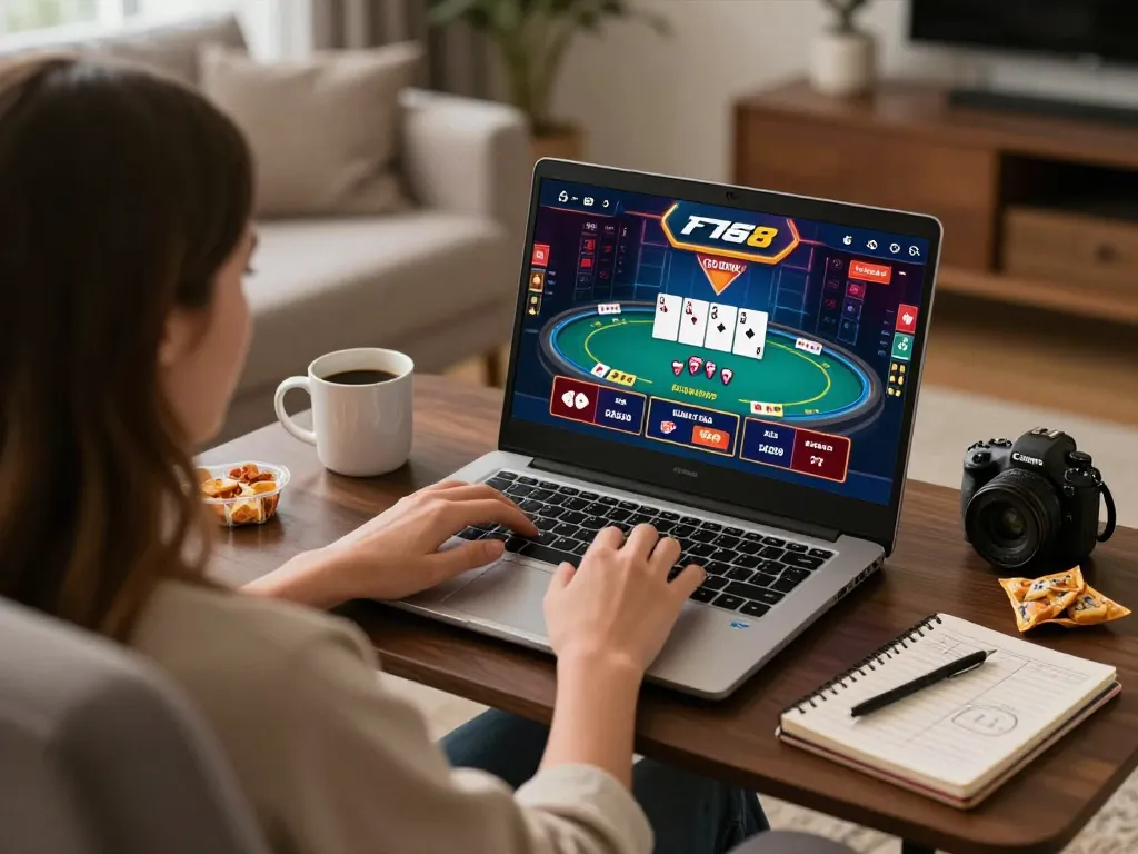 Enjoying a strategic online poker game at F168 with a cozy home setup.