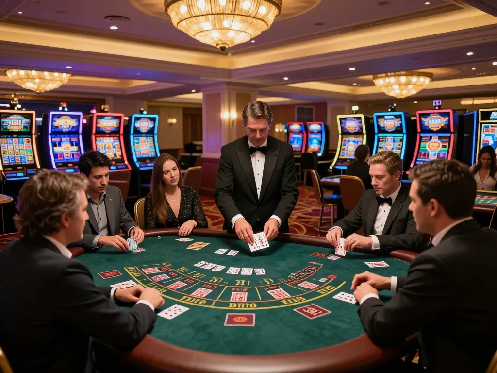 NoHu players engaged in intense blackjack gameplay amidst vibrant casino atmosphere