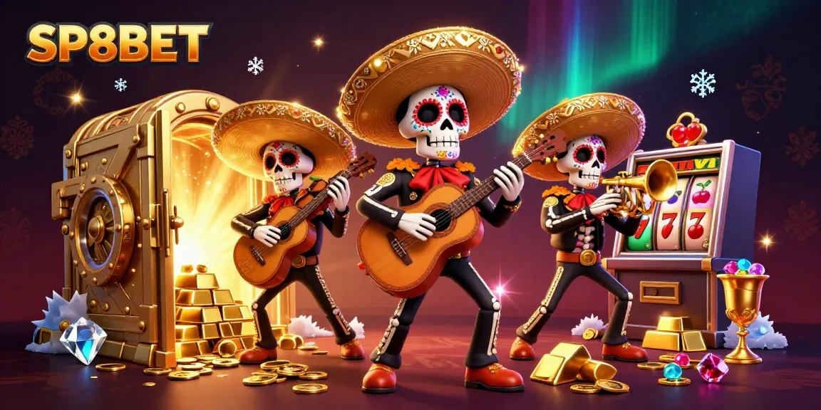 Experience excitement at SP8BET with vivid 3D mariachi characters surrounded by treasures and slots.