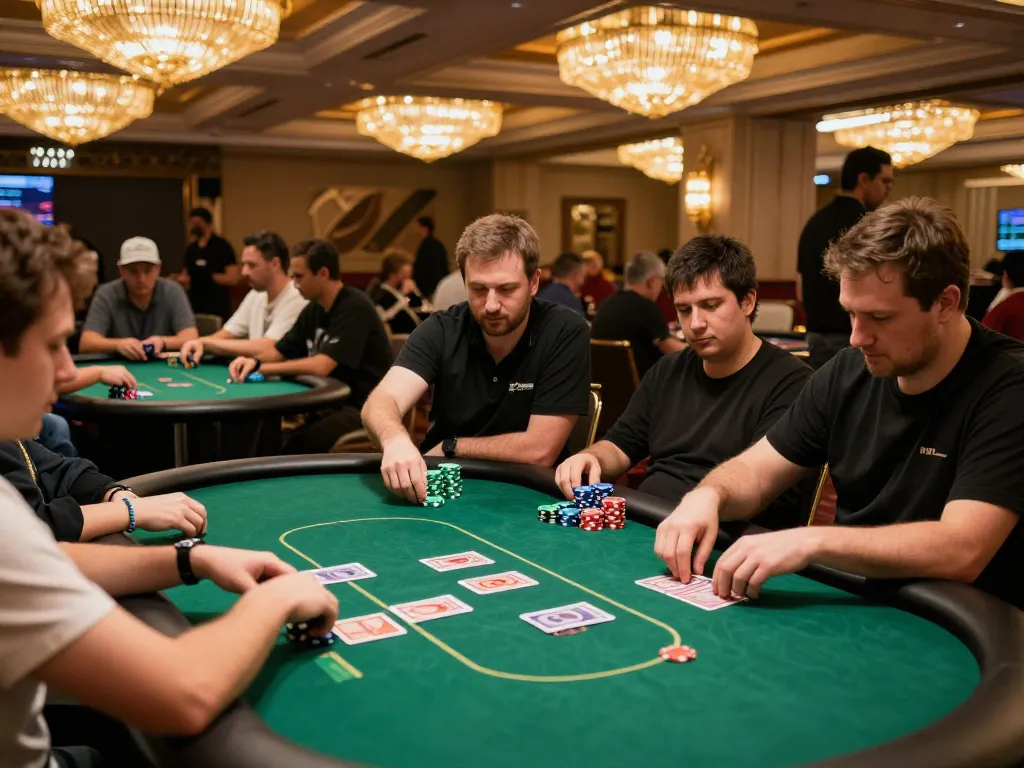 Experience thrilling poker hands at ALO8's vibrant casino tournament with competitive players and colorful chips.