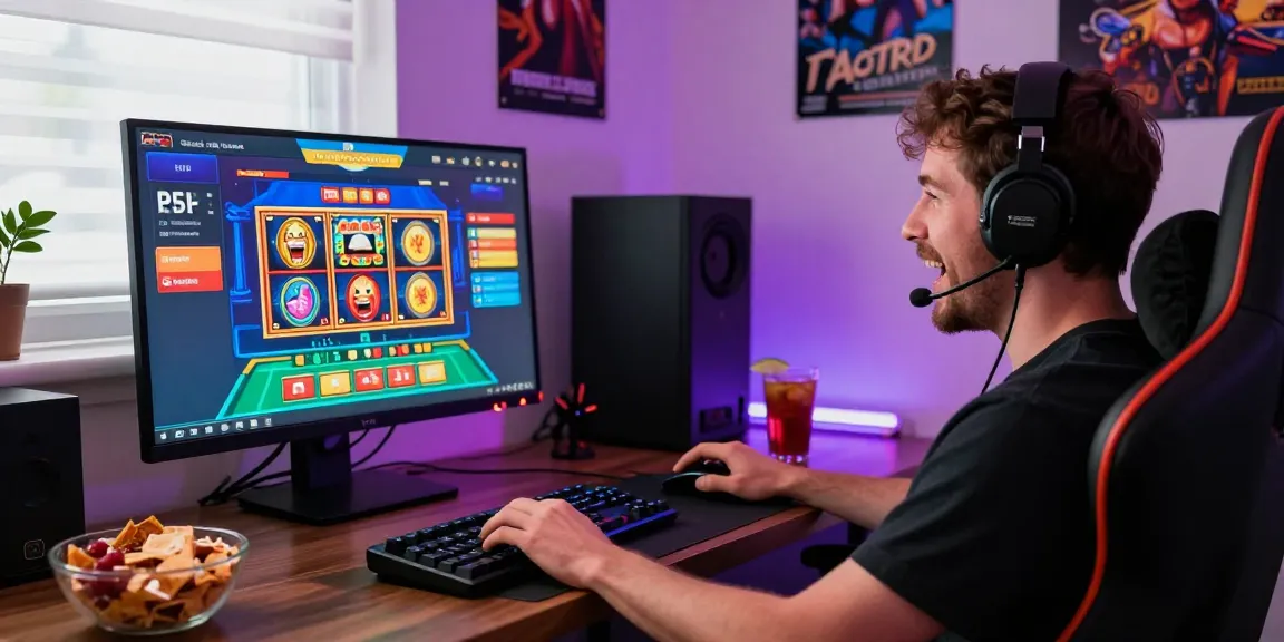 Begeisterter Spieler zu Hause, der ein Online-Paysafe-Card-Casino-Erlebnis mit lebendigen Grafiken und Snacks genießt.