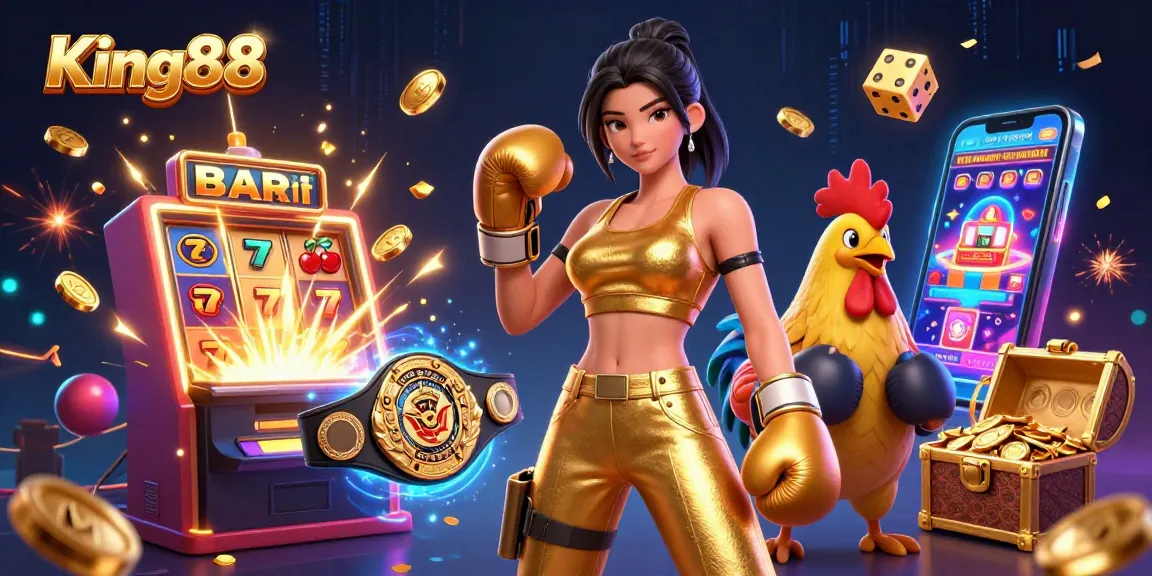 Engage with King88's thrilling casino experience featuring a champion rooster and dynamic gaming elements.