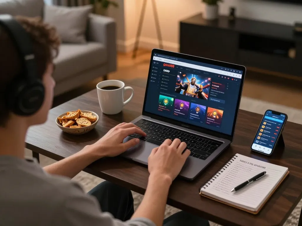Engaged player using the good88 online casino platform on a laptop with a well-organized gaming setup