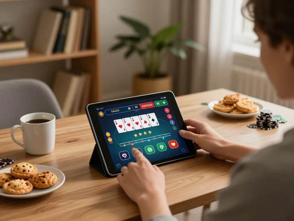 Engaging online session on nk88 with tablet displaying poker game interface in cozy home