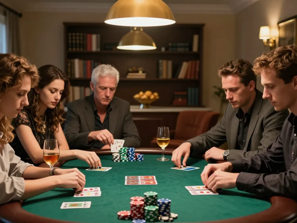 Players at a home poker night, enjoying 789winn gaming strategies amidst snacks and drinks.