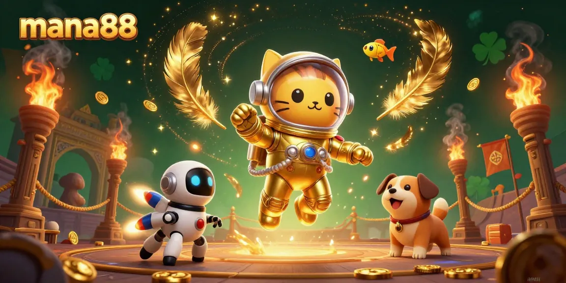 Play and win with mana88, featuring a futuristic casino scene filled with vibrant characters and golden elements.