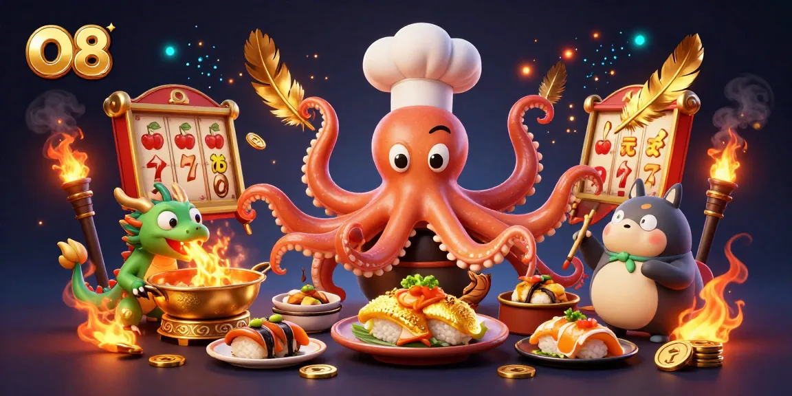 Engage with O8's vibrant casino experience featuring an octopus chef and a dragon.