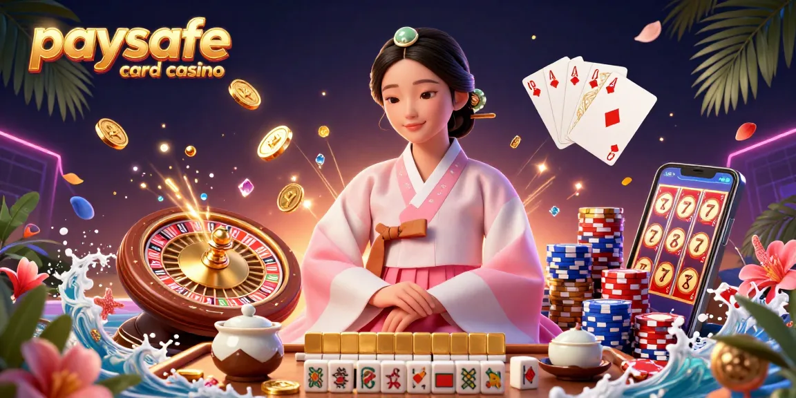 Paysafe Card Casino mit einer gelassenen asiatischen Frau und einem Teeservice, umgeben von dynamischen Casino-Elementen wie Münzen und Karten.