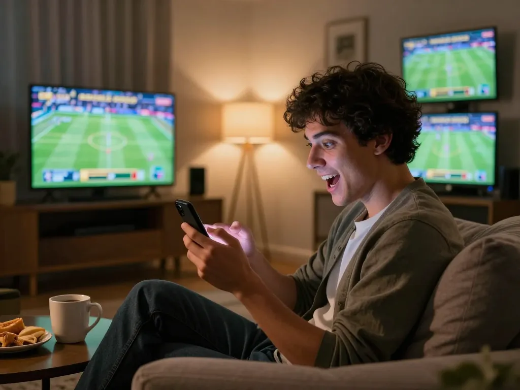 Player analyzing sports bets through the Vuabet88 app in a cozy home setup.