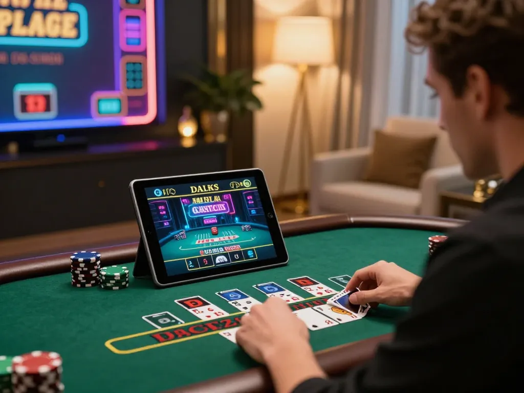 Player engaged in SC88 online baccarat, showcasing excitement in a stylish home setting