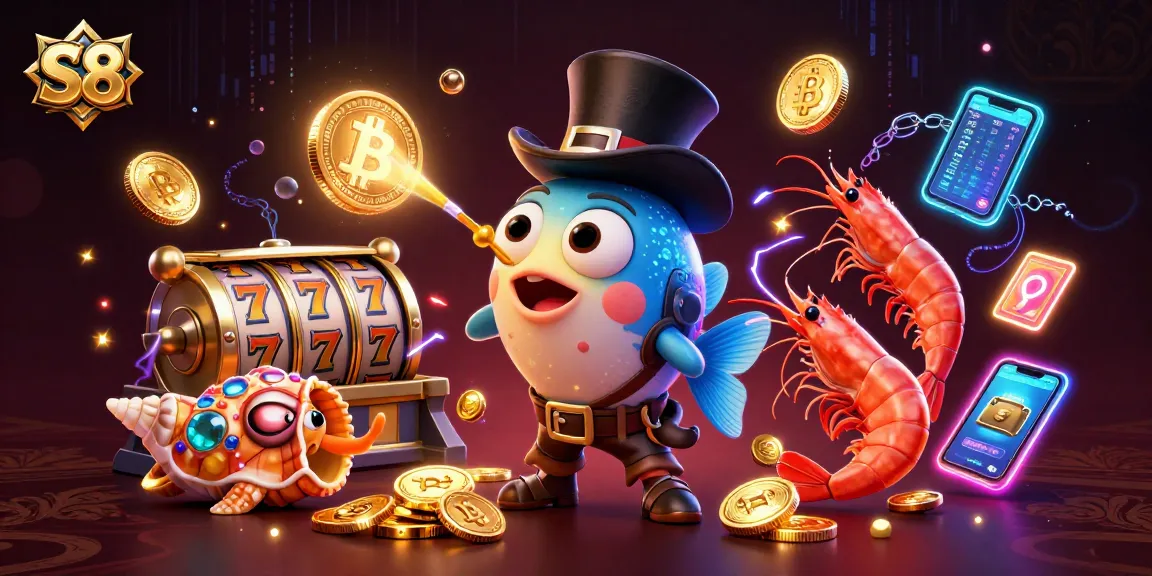 S8 casino scene featuring an anglerfish, pirate shrimp, and gemstone snail amidst dynamic slot game reels.