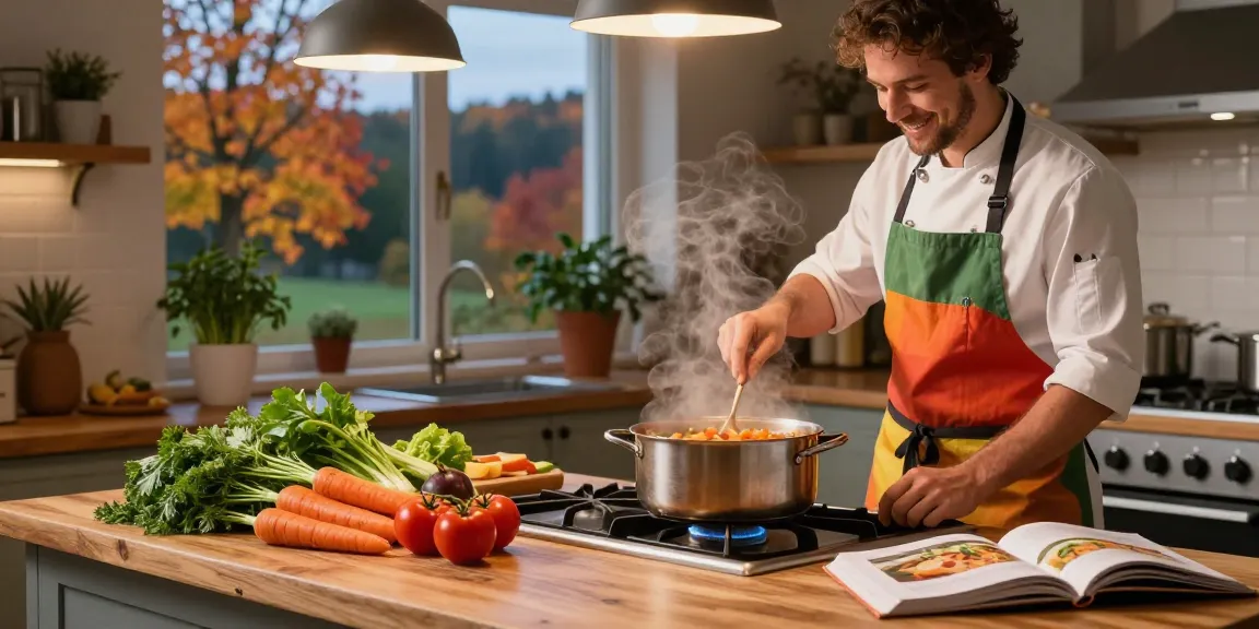Fröhlicher Koch, der köstliche vegetarische Suppe zubereitet, umgeben von frischem Gemüse in einer warmen Landhausküche.