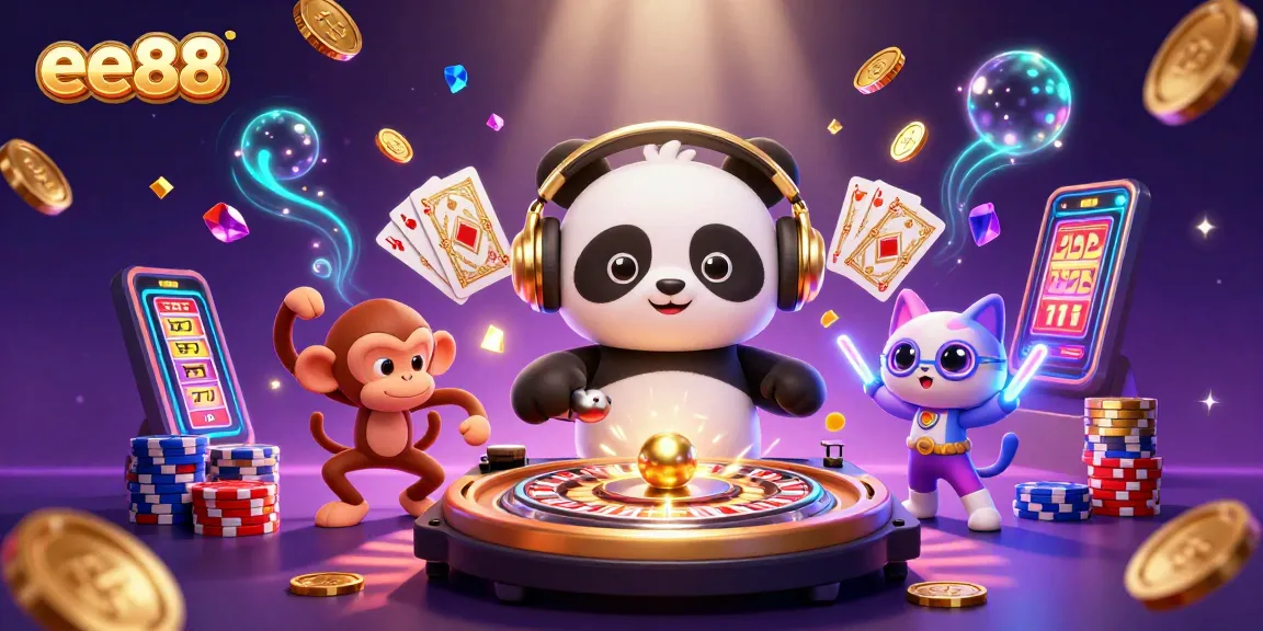 Play and win at ee88 with vibrant casino characters spinning roulette and dazzling gems.