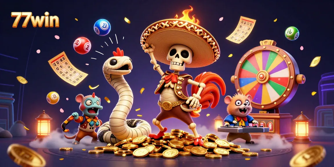 Experience the thrilling excitement of 77win with vibrant gaming elements and lively characters in action.