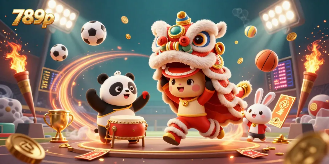 Engaging 3D illustration showcasing 789p with a lion dance, sports elements, and dynamic casino atmosphere.