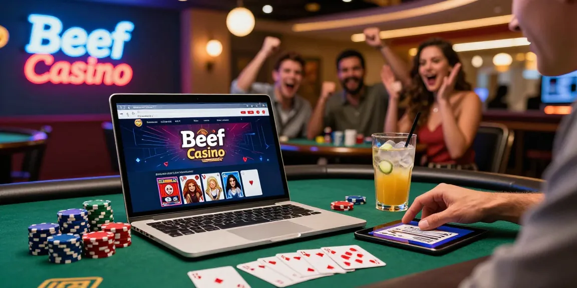 Beef Casino: Spieler genießt das Online-Spielerlebnis mit bunten Pokerchips und fröhlicher Atmosphäre.