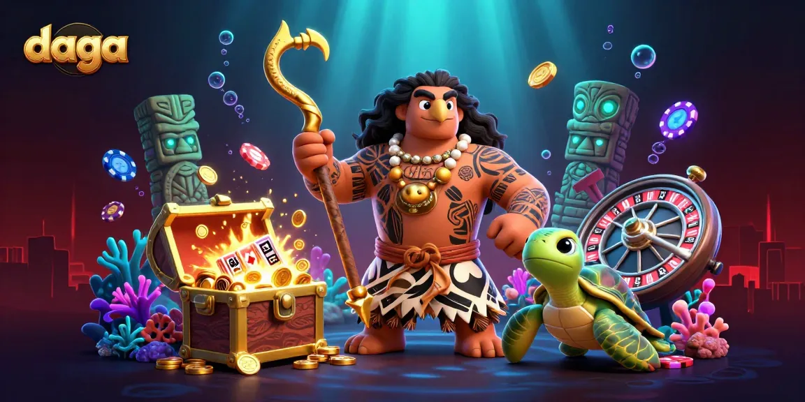 Engage in exciting gaming at Daga with a vibrant scene featuring slot reels, golden treasures, and lively characters.