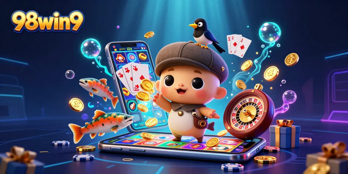 Spin and win with 98win9 in this vibrant and playful casino-themed illustration.