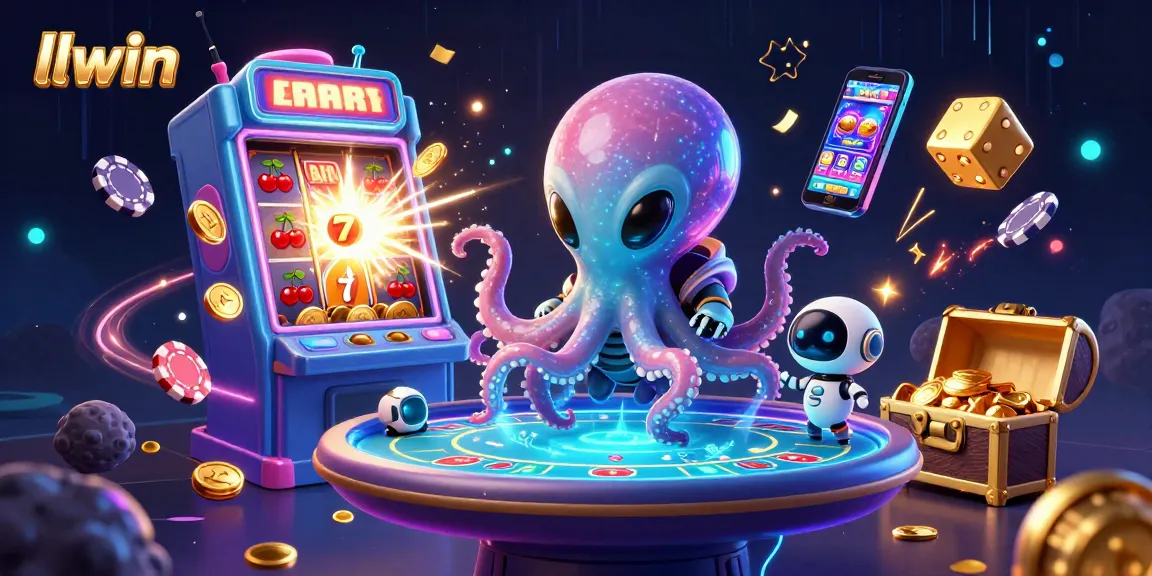 llwin showcases an engaging alien octopus operating a holographic poker table amidst vibrant casino elements.