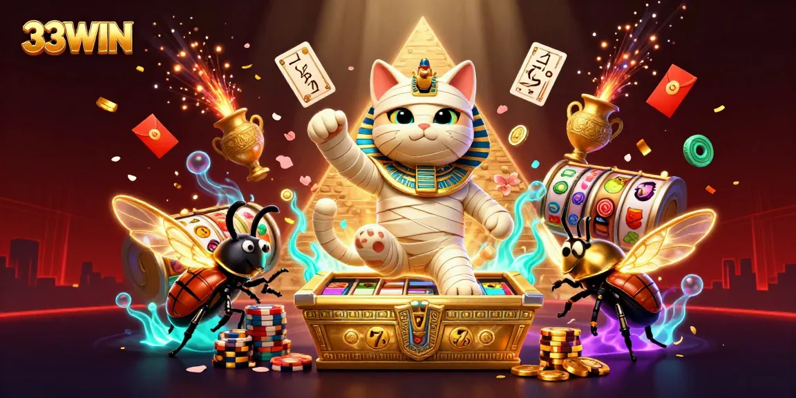 Win big with 33WIN in an animated casino scene featuring a lively mummy cat and slot reels.
