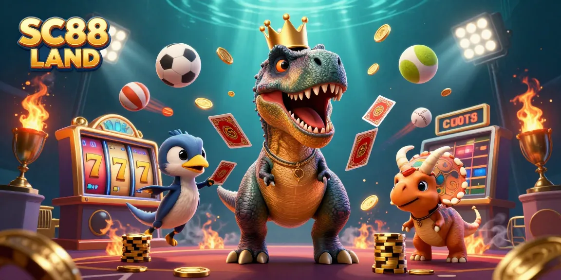Experience the fun at SC88 LAND with a T-Rex shuffling cards and a baby triceratops stacking chips.
