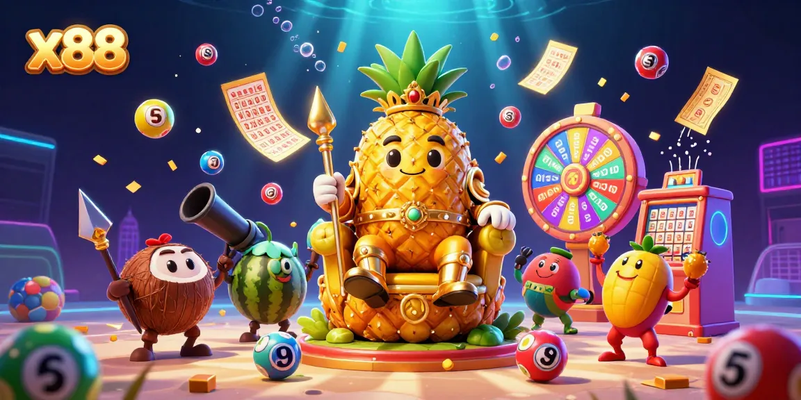 Engage in gaming with x88, featuring a golden pineapple king and vibrant lottery elements in a lively casino.