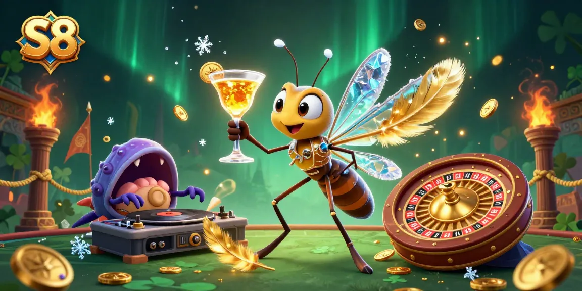 S8 casino adventure featuring an amber mosquito mascot and trilobite DJ amidst golden roulette elements.