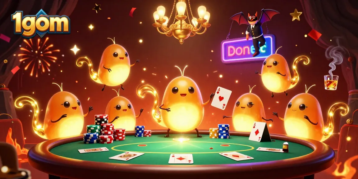 Engage with 1gom's dynamic poker scene illuminated by glowworms and a bat dealer.