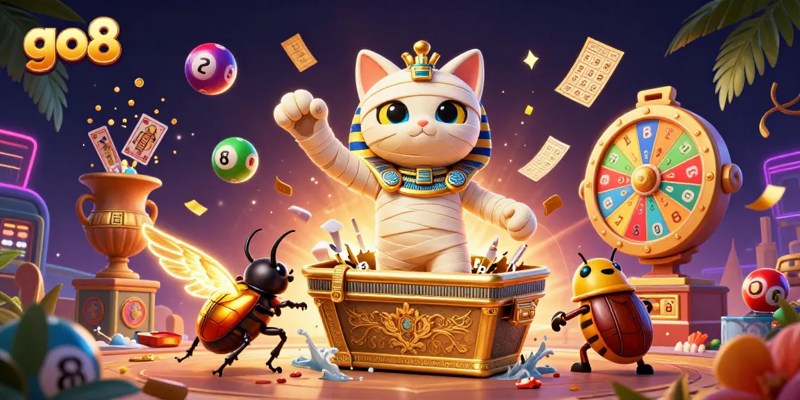 Engage with go8 as the Egyptian mummy cat unveils excitement in a vibrant casino scene.