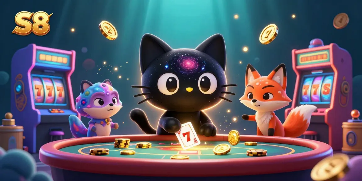 S8 casino illustration featuring a black hole cat pulling in golden chips at a cosmic table.