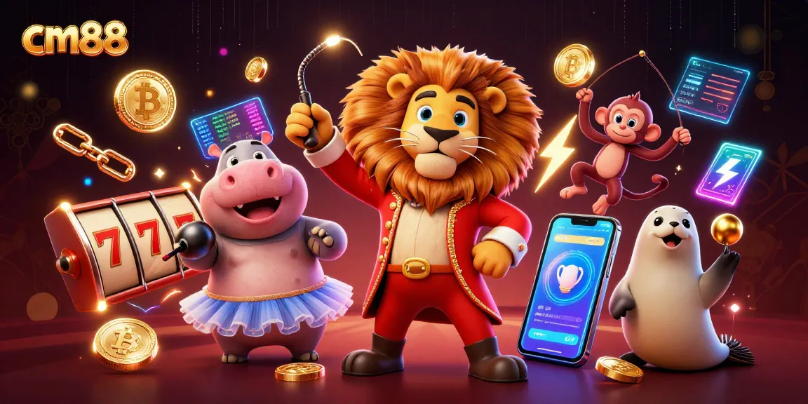 Experience thrilling gameplay at cm88 with vibrant circus characters amidst slot reels and cryptocurrency elements.
