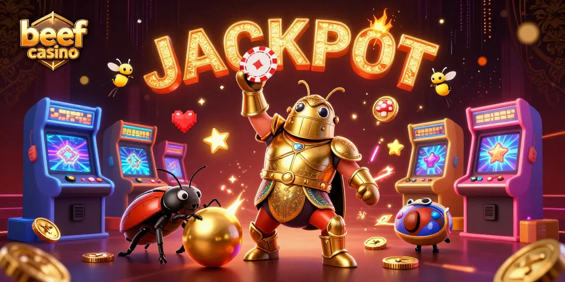 Beef Casino bietet ein spannendes Erlebnis mit dem Hauptcharakter, einem siegreichen Käfer, umgeben von Spielautomaten und bunten Spielelementen.