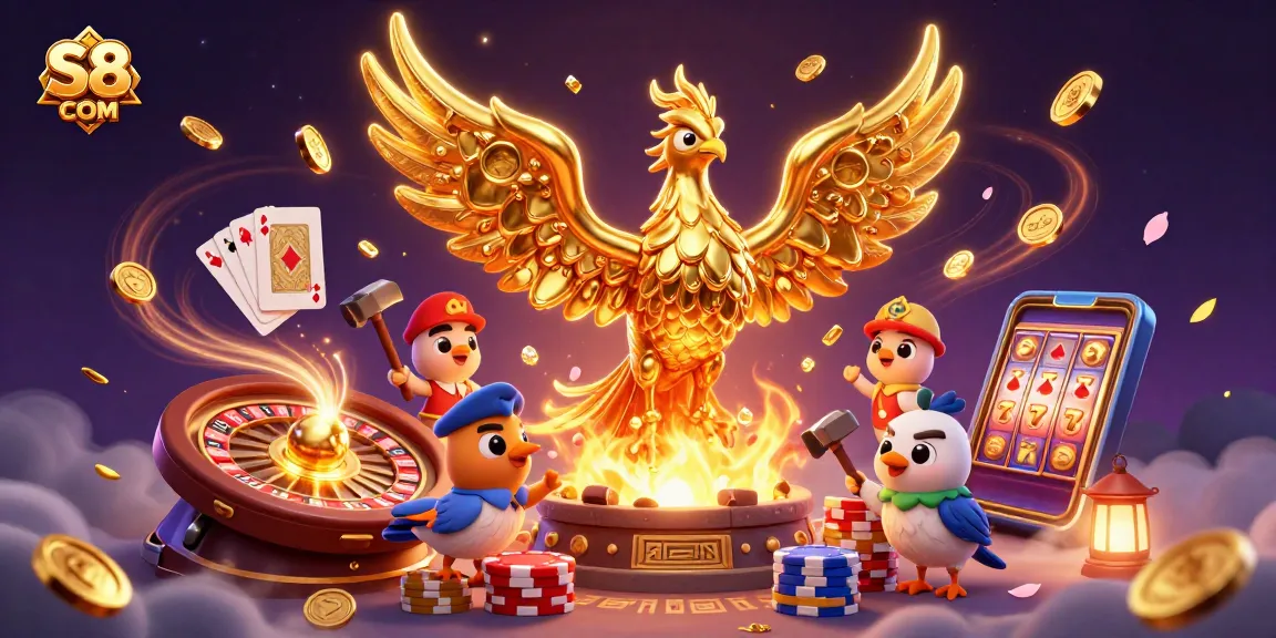 Play with luck on S8 COM at the vibrant casino scene featuring golden phoenix and dynamic game elements.