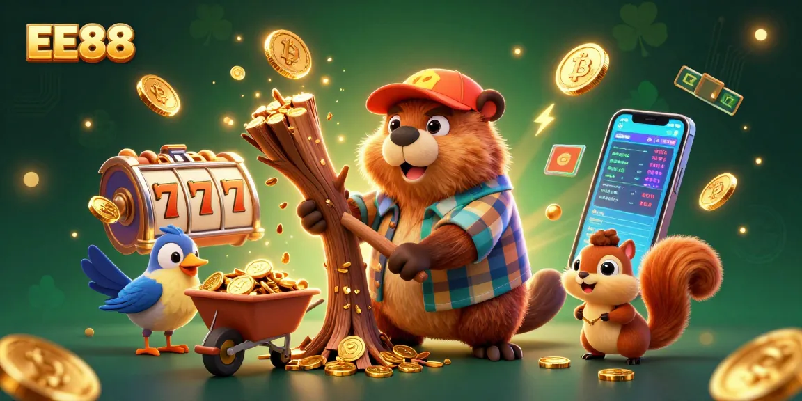 Engage with EE88 through a vibrant casino scene of golden coins and energetic characters