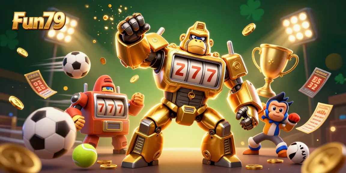 Experience the thrill at Fun79 as golden gorilla mech unleashes coins in a vibrant casino scene.