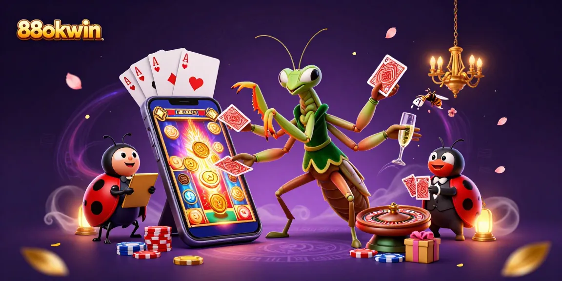 Experience the excitement of 88okwin with a vibrant illustration of a gambling scene featuring engaging casino characters and dynamic gaming elements.