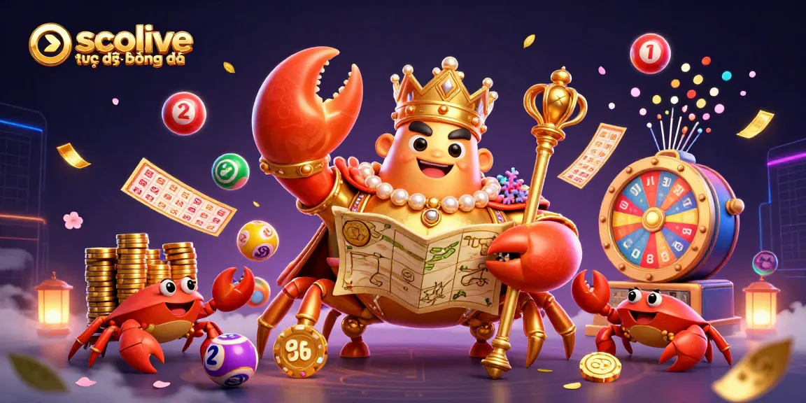 Socolive trực tiếp bóng đá shows a vivid scene of a golden crab emperor amidst lively gambling elements and colorful lottery balls.