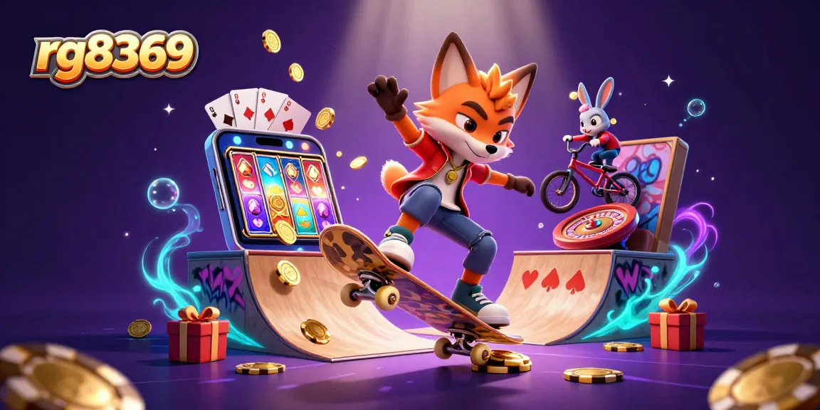 Experience winning thrills with rg8369 in a vibrant 3D casino illustration featuring gaming elements.