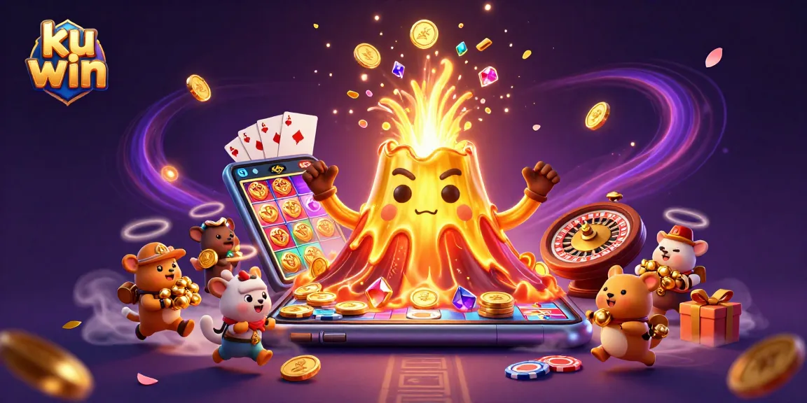 ku win celebrates with a golden volcano showering coins in a vibrant casino scene