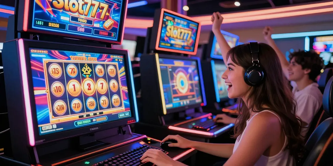 Beberapa pemain merayakan kemenangan besar di Slot777 dalam kasino online yang cerah dan energik.