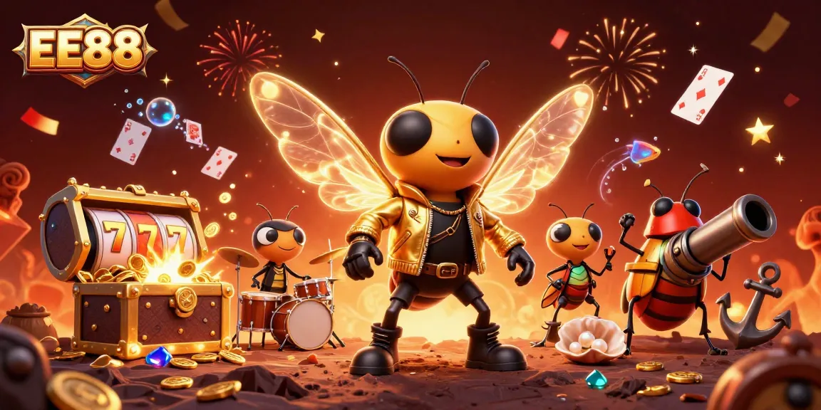 EE88 gamblers celebrate with vibrant casino elements in a dynamic 3D illustration