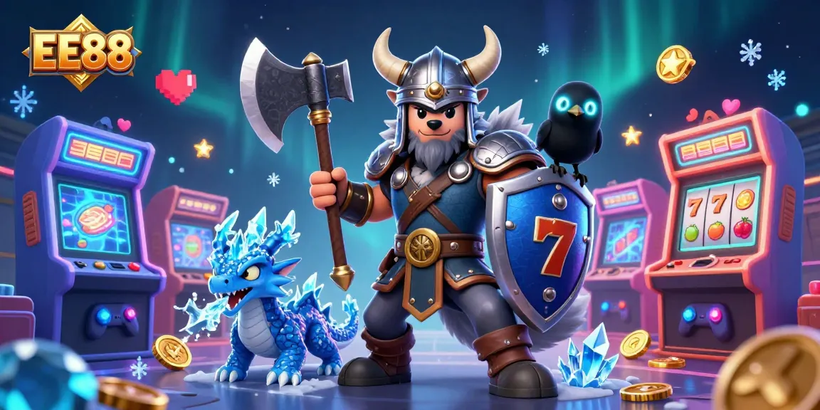 Experience the thrill of EE88 with a Viking wolf warrior, ice dragon, and vibrant gaming elements.