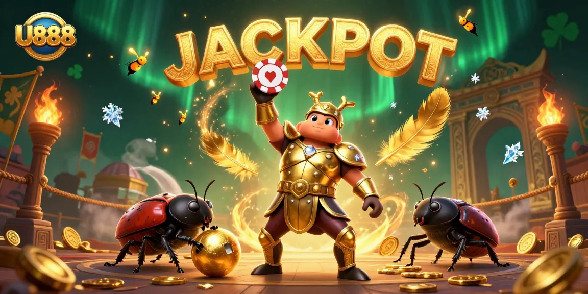 Experience thrilling gameplay at U888 with a cartoon beetle champion celebrating with a jackpot!