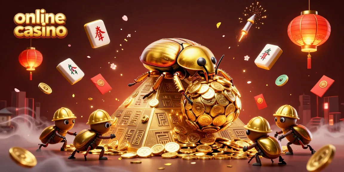 Engage in vibrant online casino action with golden coins, beetles, and festive elements.